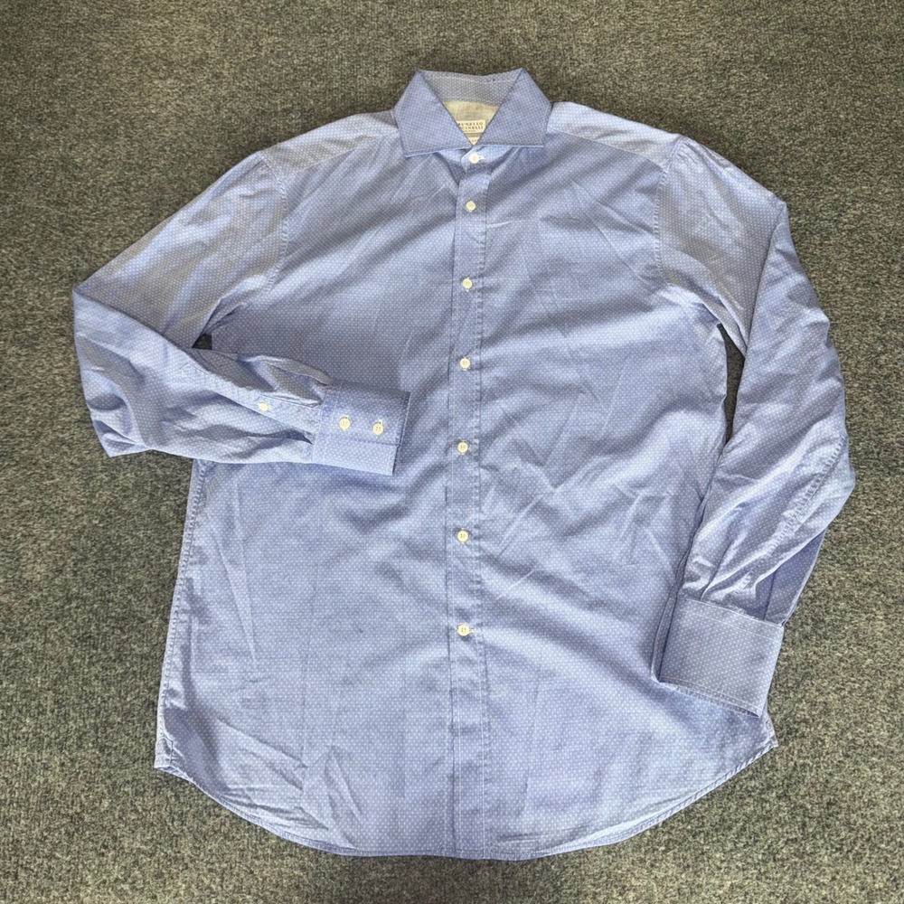 Brunello Cucinelli Men Blue Micro Dot Cotton Button Up Shirt Italy Medium Casual